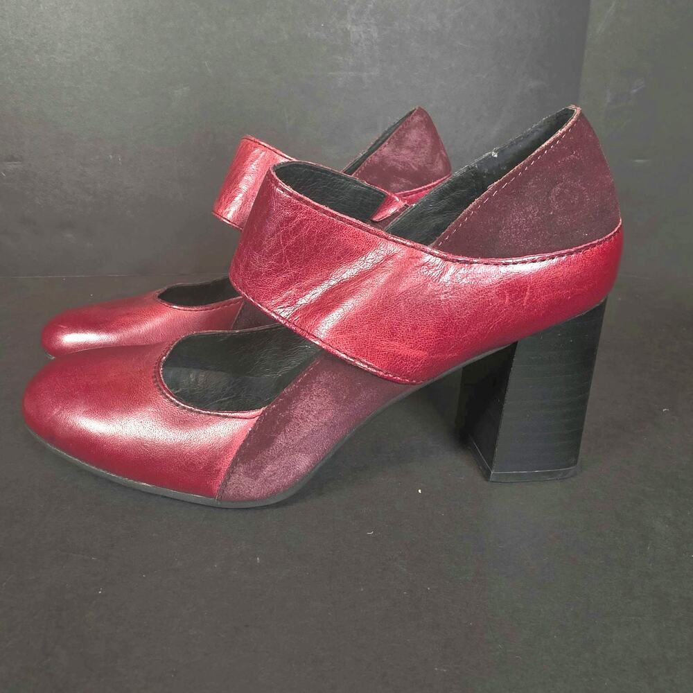 Born Motola Burgundy Leather & Suede Mary Jane Shoes 3" Block Heels Womans 7.5